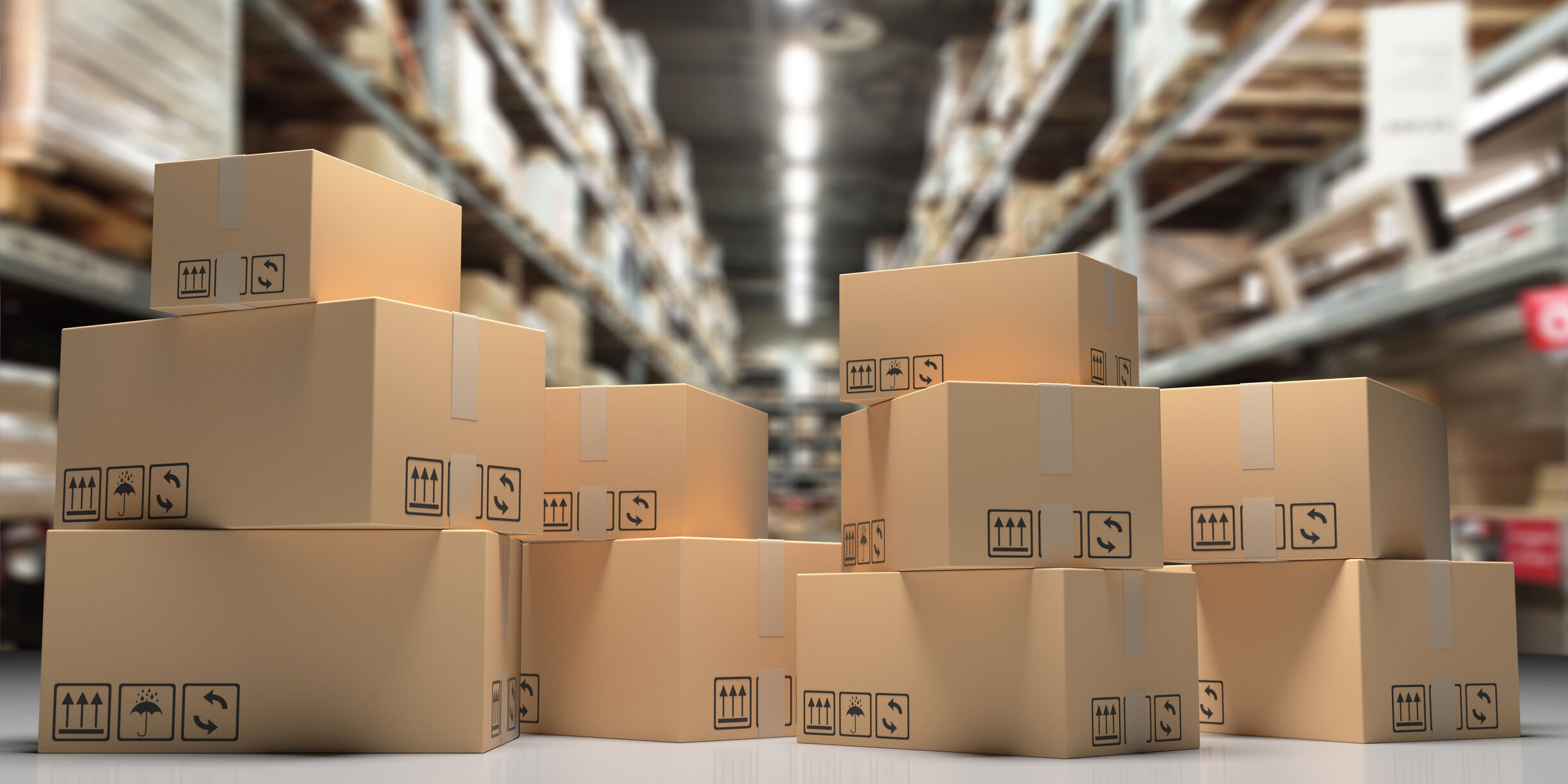 Cardboard boxes on blur storage warehouse shelves background,  Distribution, cargo and logistics concept. 3d illustration